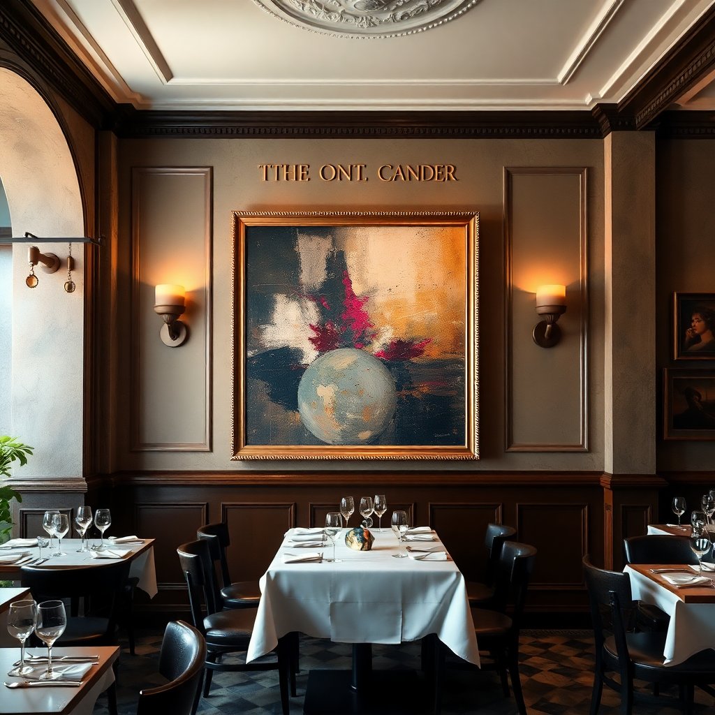 Elegant abstract oil painting on a gallery wall in a historical restaurant setting, soft warm lighting, professional photography.